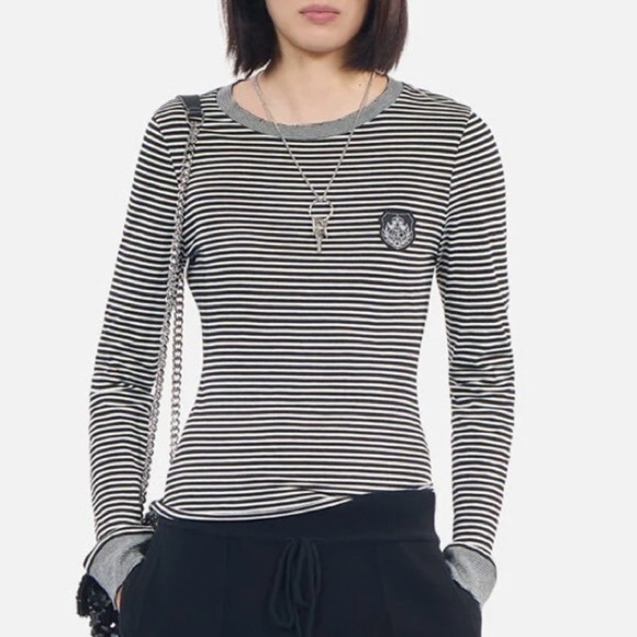 NWT The Kooples LONG-SLEEVED STRIPED TEE Size 2 (M) Crest Black White Fitted - Picture 2 of 11
